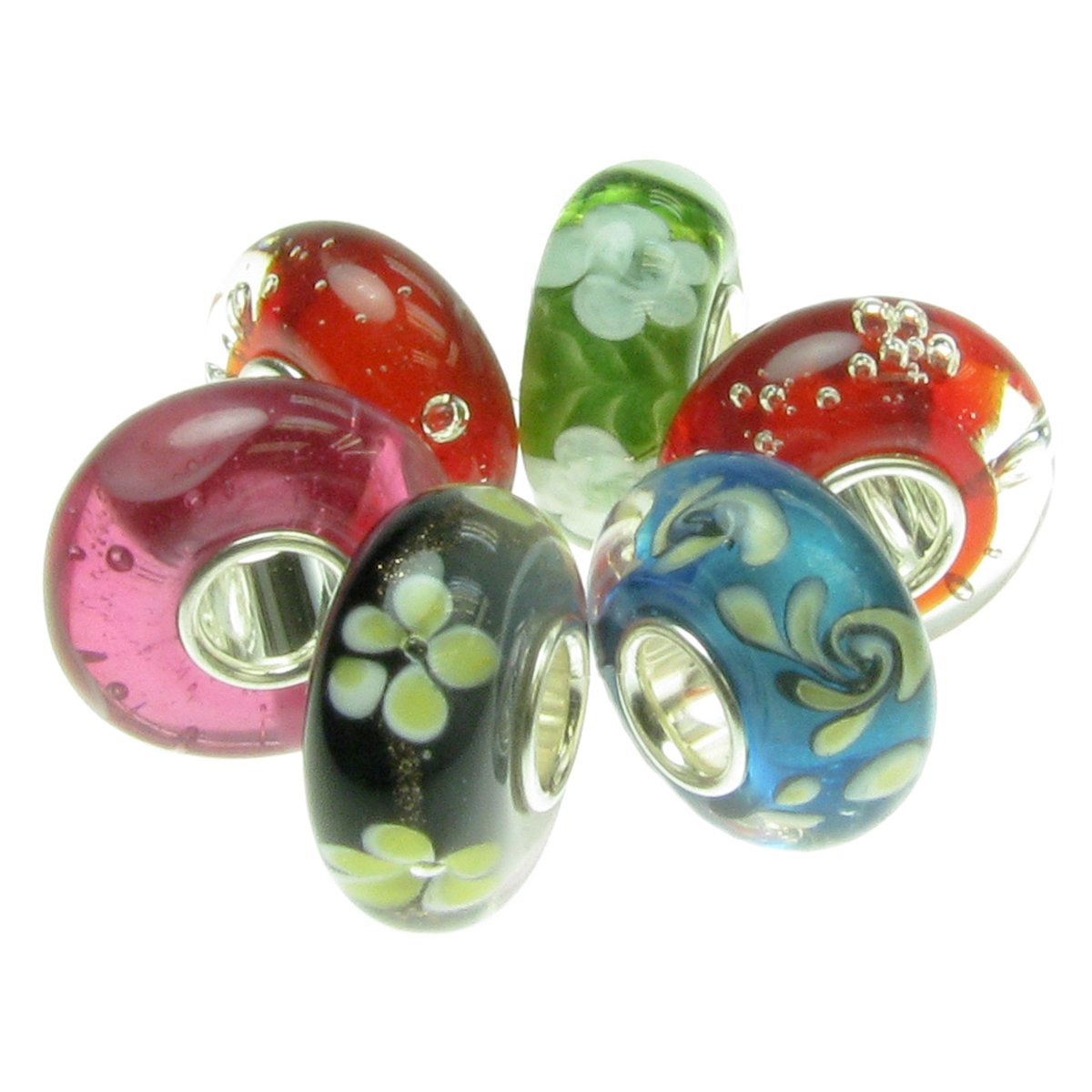 Queenberry Sterling Silver Red Blue Green Black European Style Glass Bead Charm Bundle