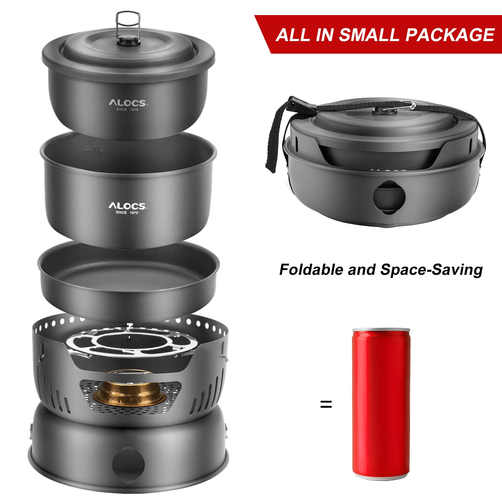 ALOCS Camping Cookware Set, 11 Piece Lightweight Camping Cooking Set with Alcohol Stove & Gas Stove Burner, Portable & Durable Camping Pot Camping Gear for Camping, Hiking & Outdoor Picnics