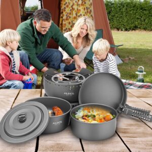 ALOCS Camping Cookware Set, 11 Piece Lightweight Camping Cooking Set with Alcohol Stove & Gas Stove Burner, Portable & Durable Camping Pot Camping Gear for Camping, Hiking & Outdoor Picnics