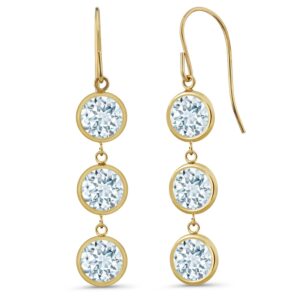 gem stone king 14k yellow gold sky blue aquamarine dangle long 3-stone earrings for women (2.40 cttw, gemstone birthstone, round 5mm, 1 inch)