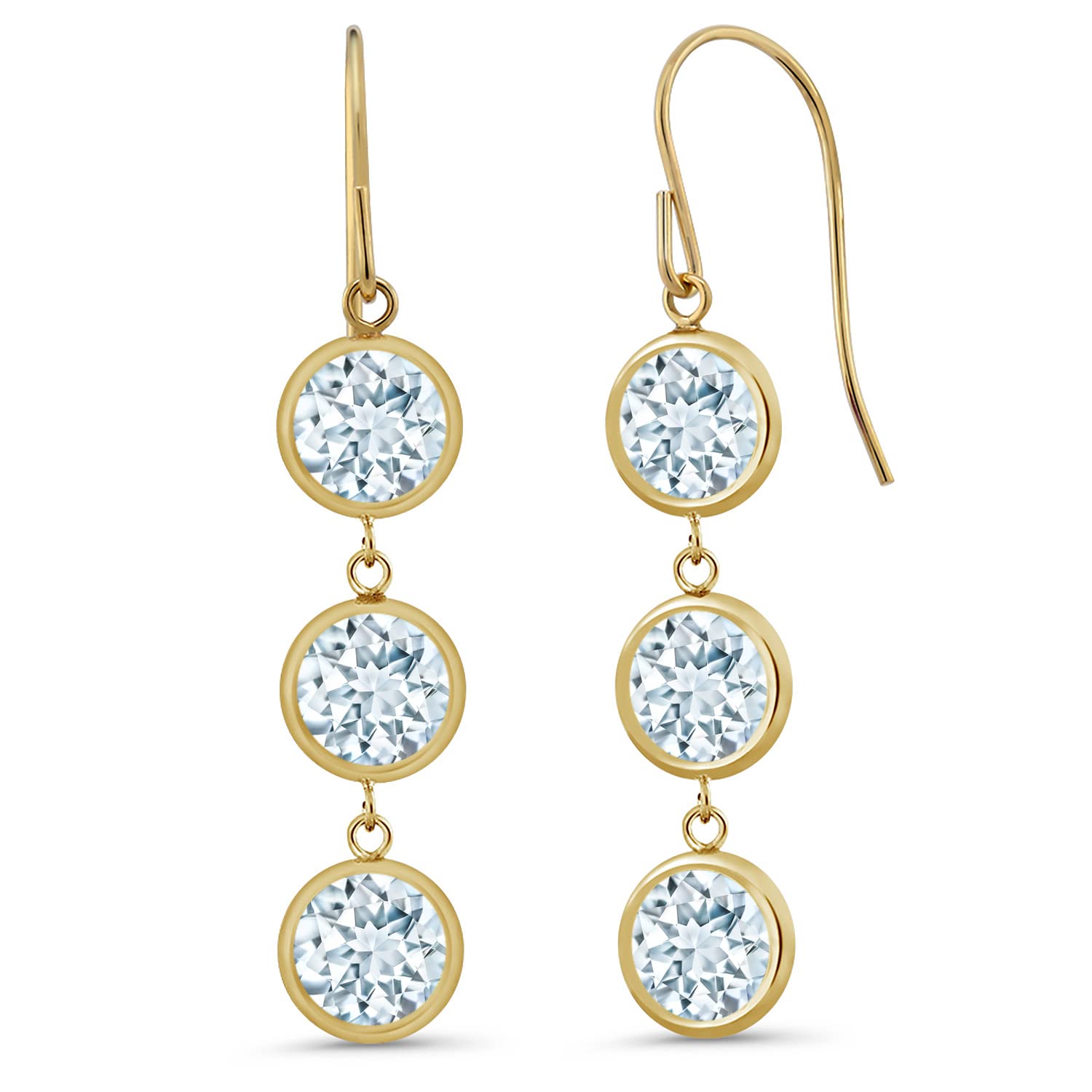 Gem Stone King 14K Yellow Gold Sky Blue Aquamarine Dangle Long 3-Stone Earrings For Women (2.40 Cttw, Gemstone Birthstone, Round 5MM, 1 Inch)