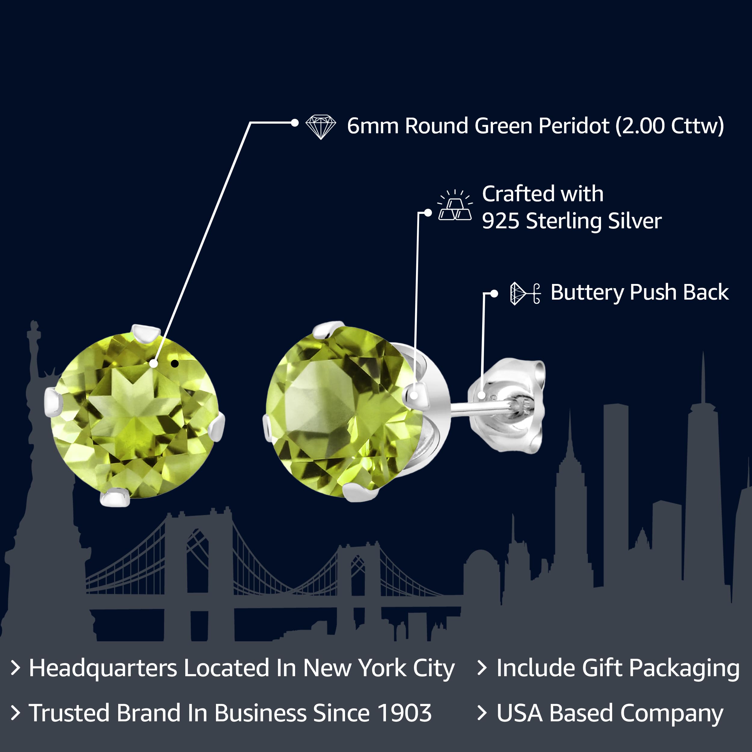 Gem Stone King 925 Sterling Silver Green Peridot Stud Earrings For Women (2.00 Cttw, Gemstone Birthstone, Round 6MM)