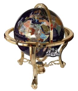 unique art 21-inch tall blue lapis ocean table top gemstone world globe with gold tripod