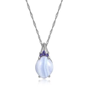 morgan & paige .925 sterling silver genuine blue lace agate and iolite 1" oval pendant necklace on 18" box chain