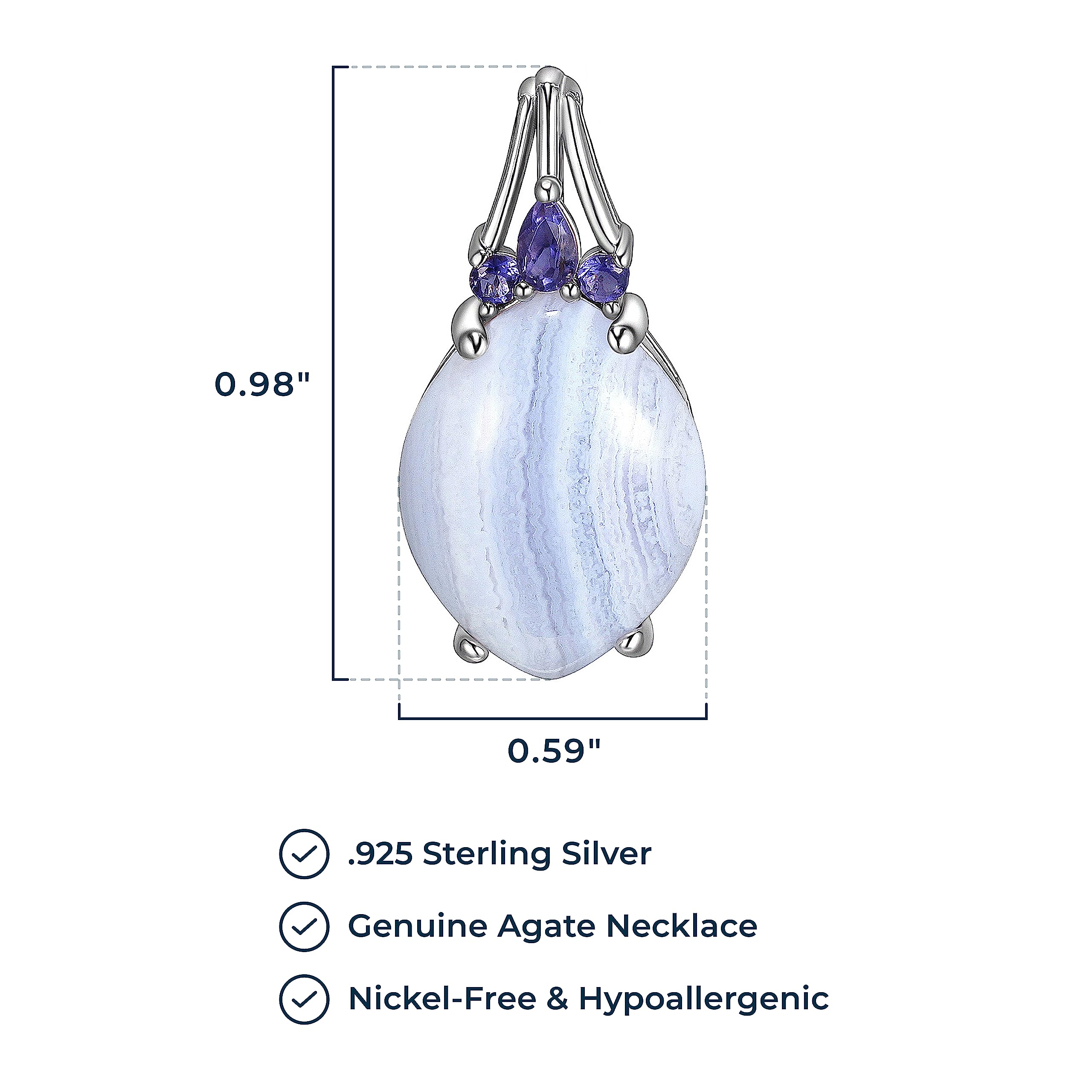 MORGAN & PAIGE .925 Sterling Silver Genuine Blue Lace Agate and Iolite 1" Oval Pendant Necklace on 18" Box Chain