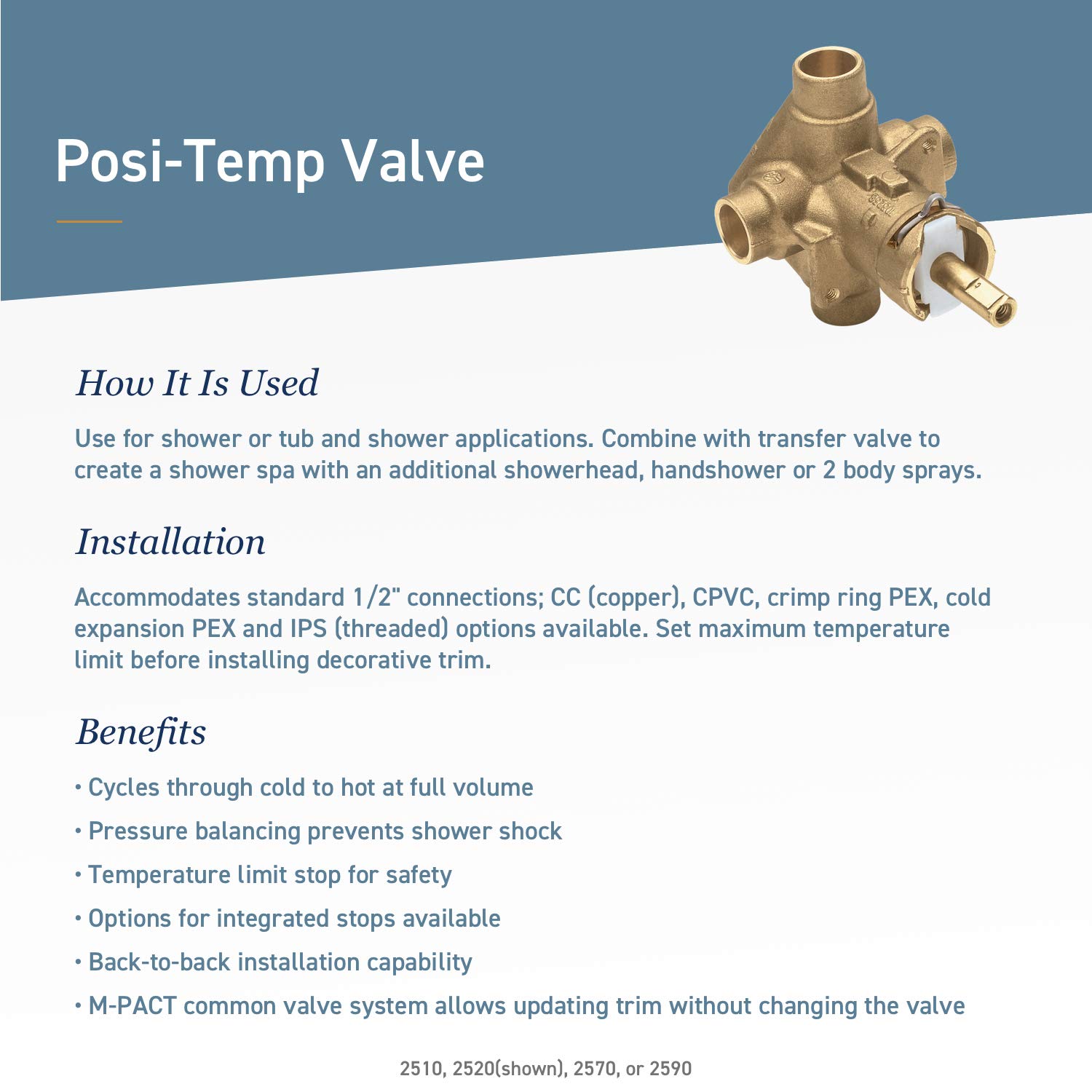 Moen 2580 Posi-Temp Brass Pressure Balancing Shower Valve, 1/2-Inch Crimp Ring PEX Connection