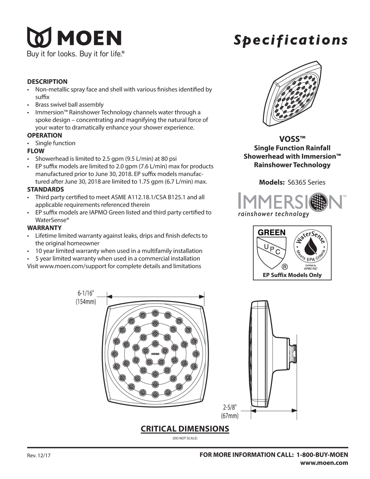 Moen Voss Brushed Nickel 6-Inch Single-Function Rainshower Showerhead with Immersion Technology, S6365BN