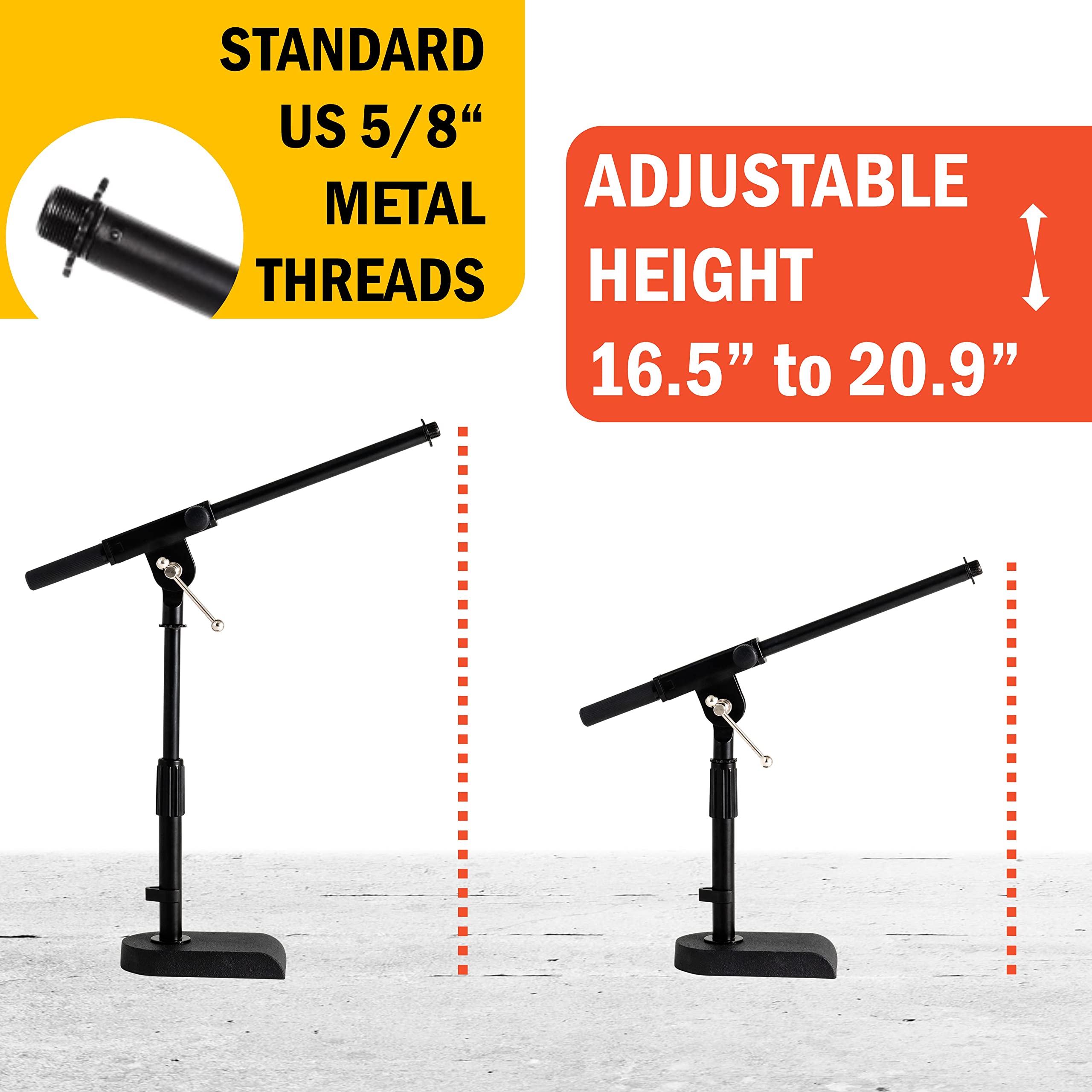 Stage Rocker Adjustable Low-profile Microphone Stand - Snare/Tom Bottom/Bass (Kick) Drum/Table Top, Adjustable Height, 15.75“ Telescoping Boom Arm, Clip-on cable holder, Powered by Hamilton (SR610111)