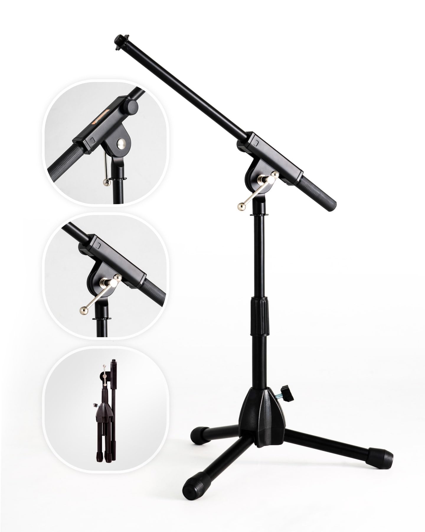 Stage Rocker Foldable Tripod Low-Profile Mic Boom Stand - Height Extending from 9.6'' to 16.9'', w/Adjustable Telescoping Arm Up to 9'', Lightweight/Convenient, Black, Powered by Hamilton(SR610121B)