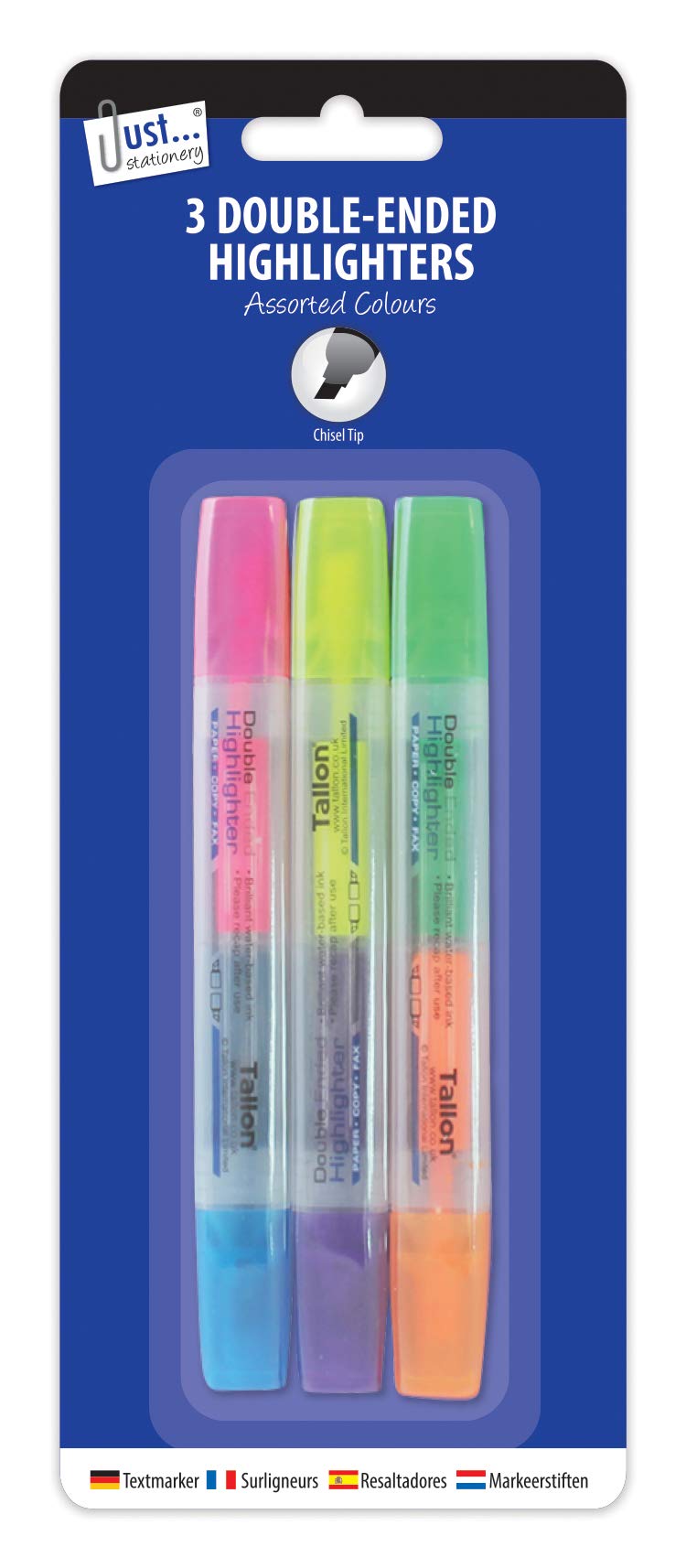 Just Stationery Double Ended Highlighter - Assorted Colours (Pack of 3)