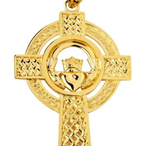 14k Yellow Gold Celtic Knotwork Charm Claddagh Cross Pendant