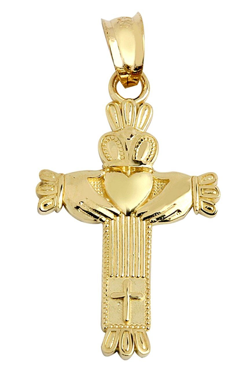 14k Yellow Gold Claddagh Charm Celtic Cross Pendant