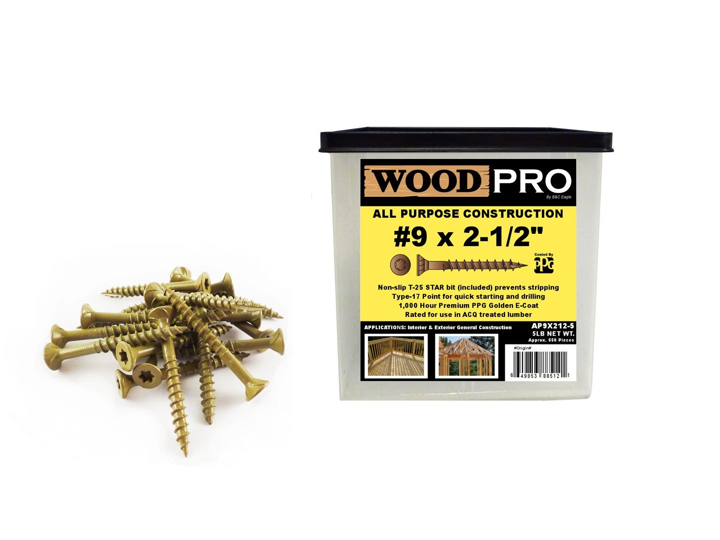 WoodPro Fasteners AP9X212-5 T25 5-Pound Net Weight 9 by 2-1/2-Inch All Purpose Wood Construction Screws, 500-Piece, Gold