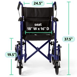 Medline Lightweight Foldable Transport Wheelchair with Handbrakes and 12-Inch Wheels, Blue Frame, Black Upholstery