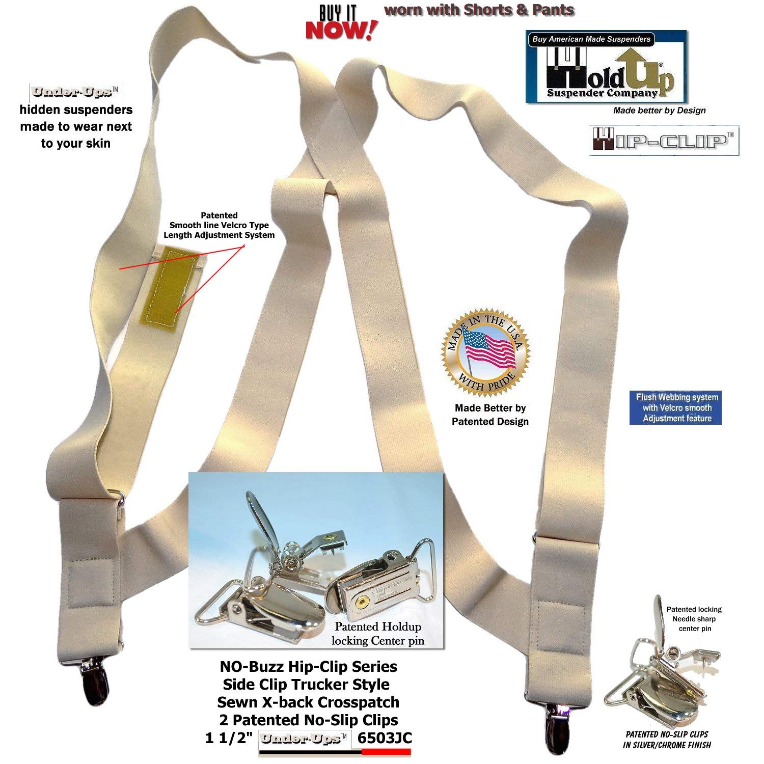 Holdup Hip-Clip Style Under-Ups Tan 1 1/2" Suspenders for Men with the USA Patented Metal "No-Slip" Clip