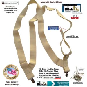 Holdup Hip-Clip Style Under-Ups Tan 1 1/2" Suspenders for Men with the USA Patented Metal "No-Slip" Clip