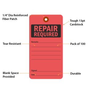 SmartSign Repair Required Tags | 5 3/4" x 3" Fluorescent 13pt Cardstock Red color Pack of 100