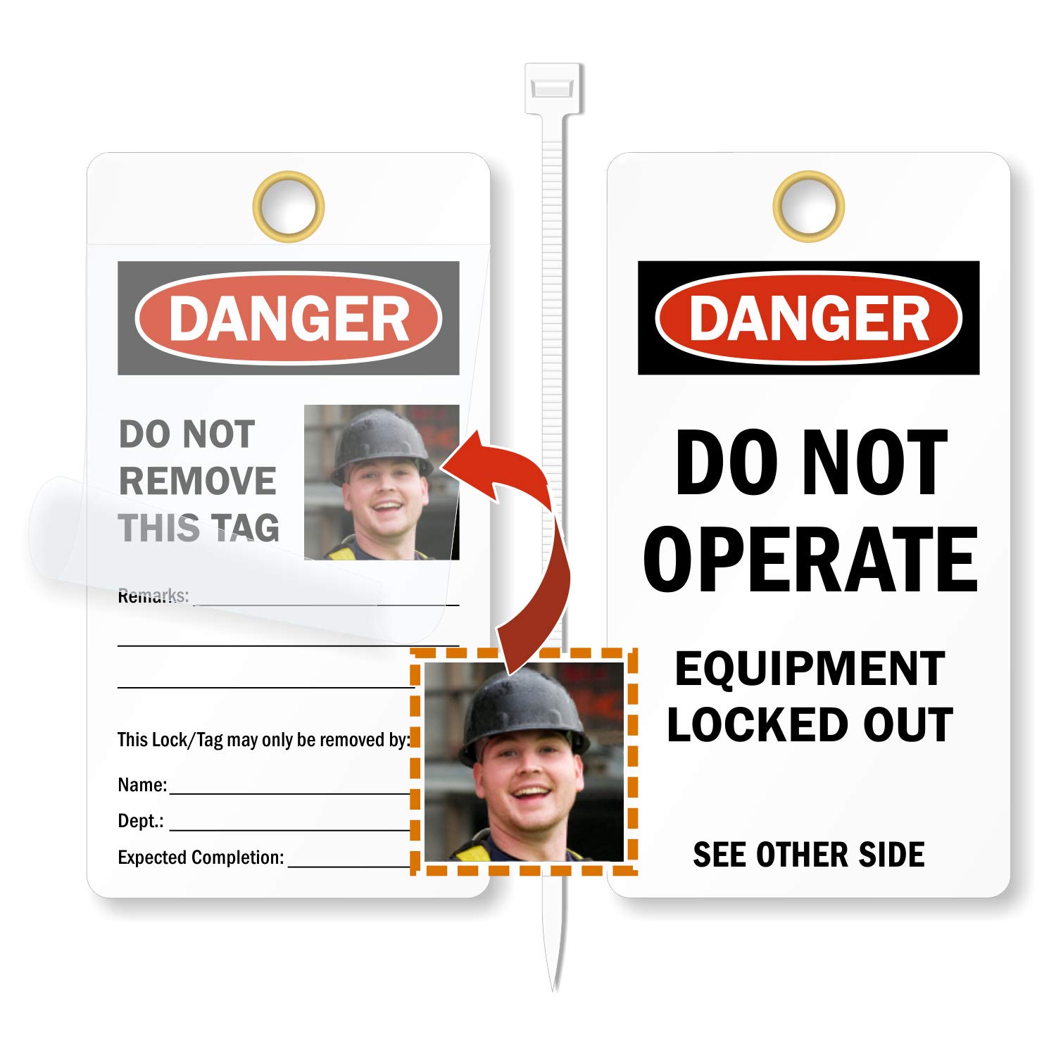 SmartSign "Do Not Operate - Equipment Locked Out" 2 - Sided Photo Lockout Tag | 6" x 3.25" Vinyl with Self-Laminating Clear Flap, Pack of 25