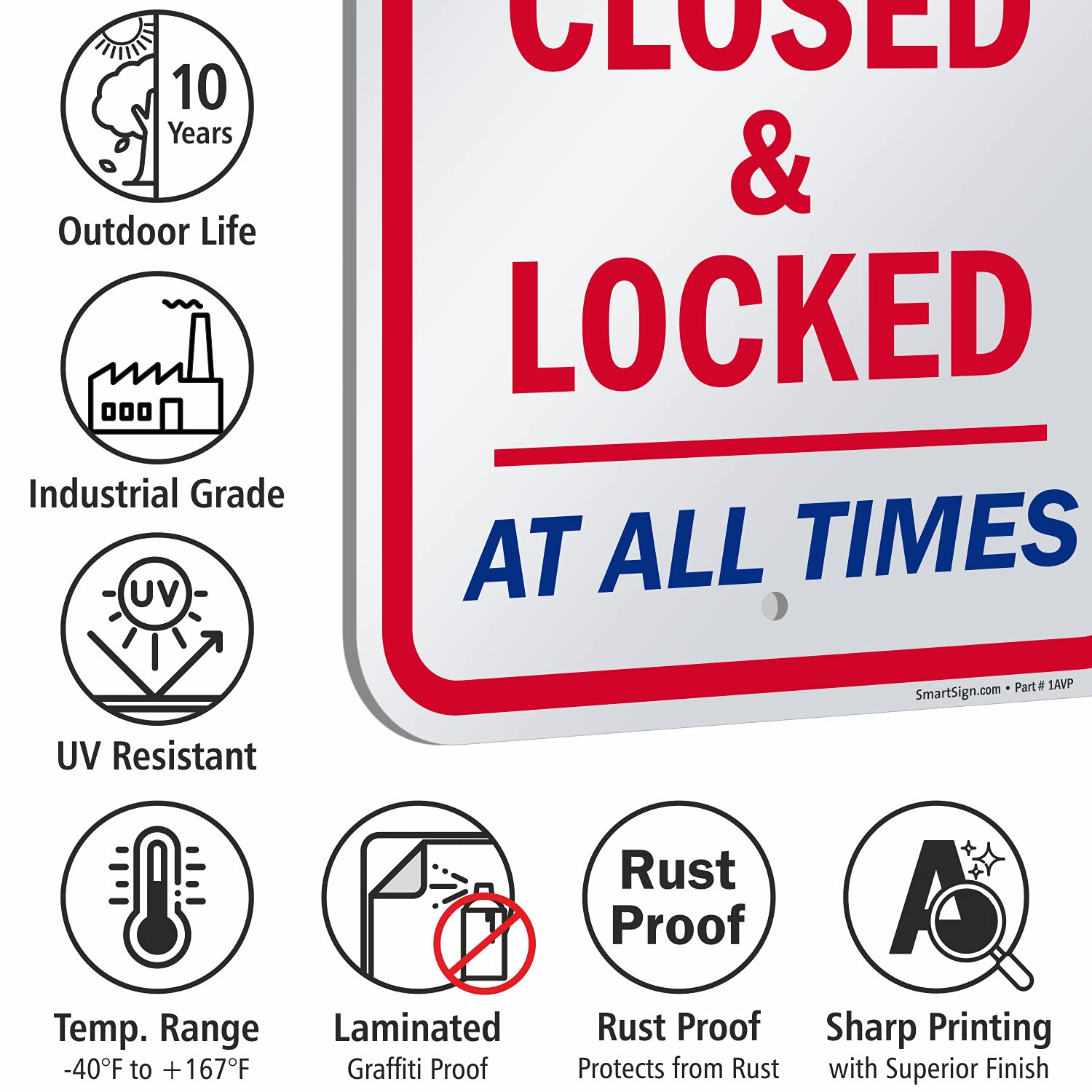 SmartSign 18 x 12 inch “Attention - Keep Gate Closed And Locked At All Times” Metal Sign, 63 mil Laminated Rustproof Aluminum, Red, Blue and White