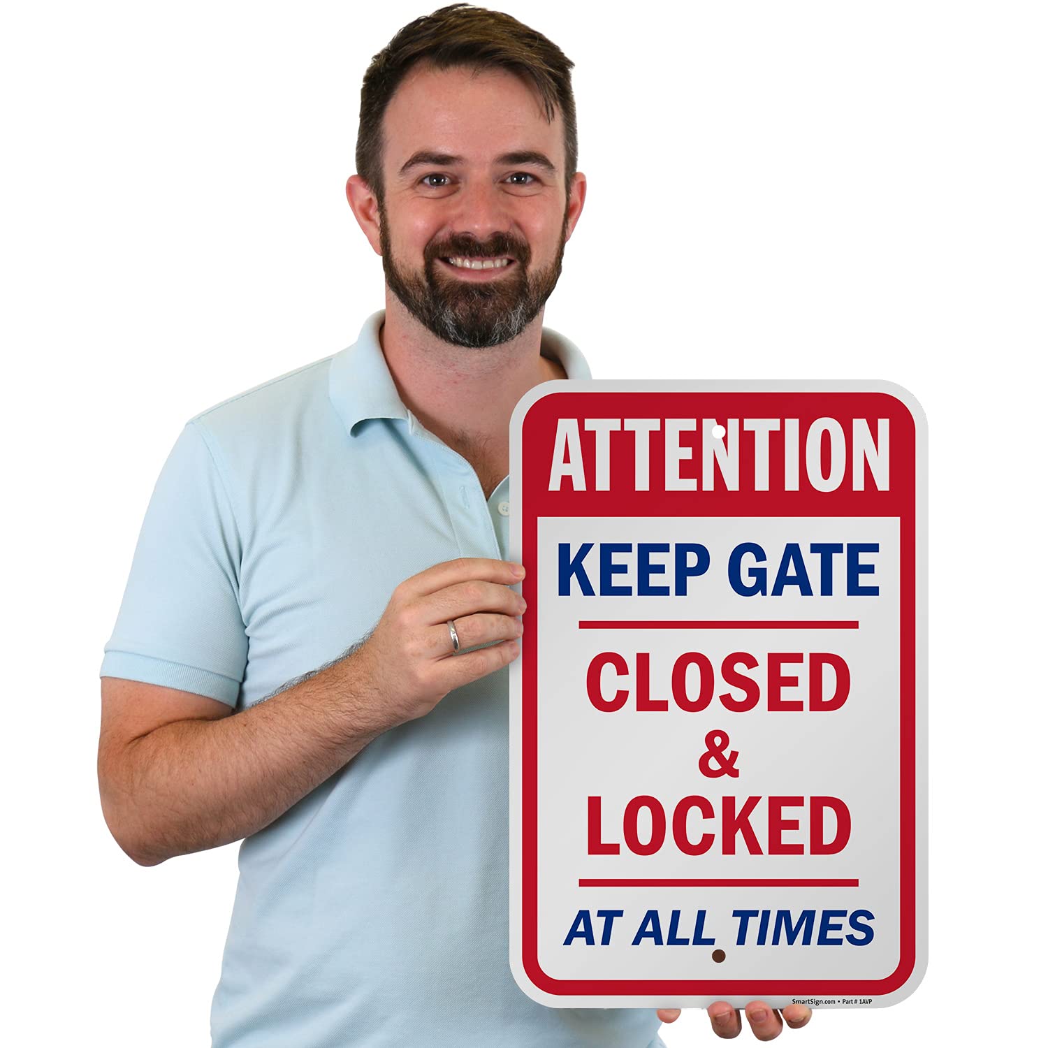 SmartSign 18 x 12 inch “Attention - Keep Gate Closed And Locked At All Times” Metal Sign, 63 mil Laminated Rustproof Aluminum, Red, Blue and White