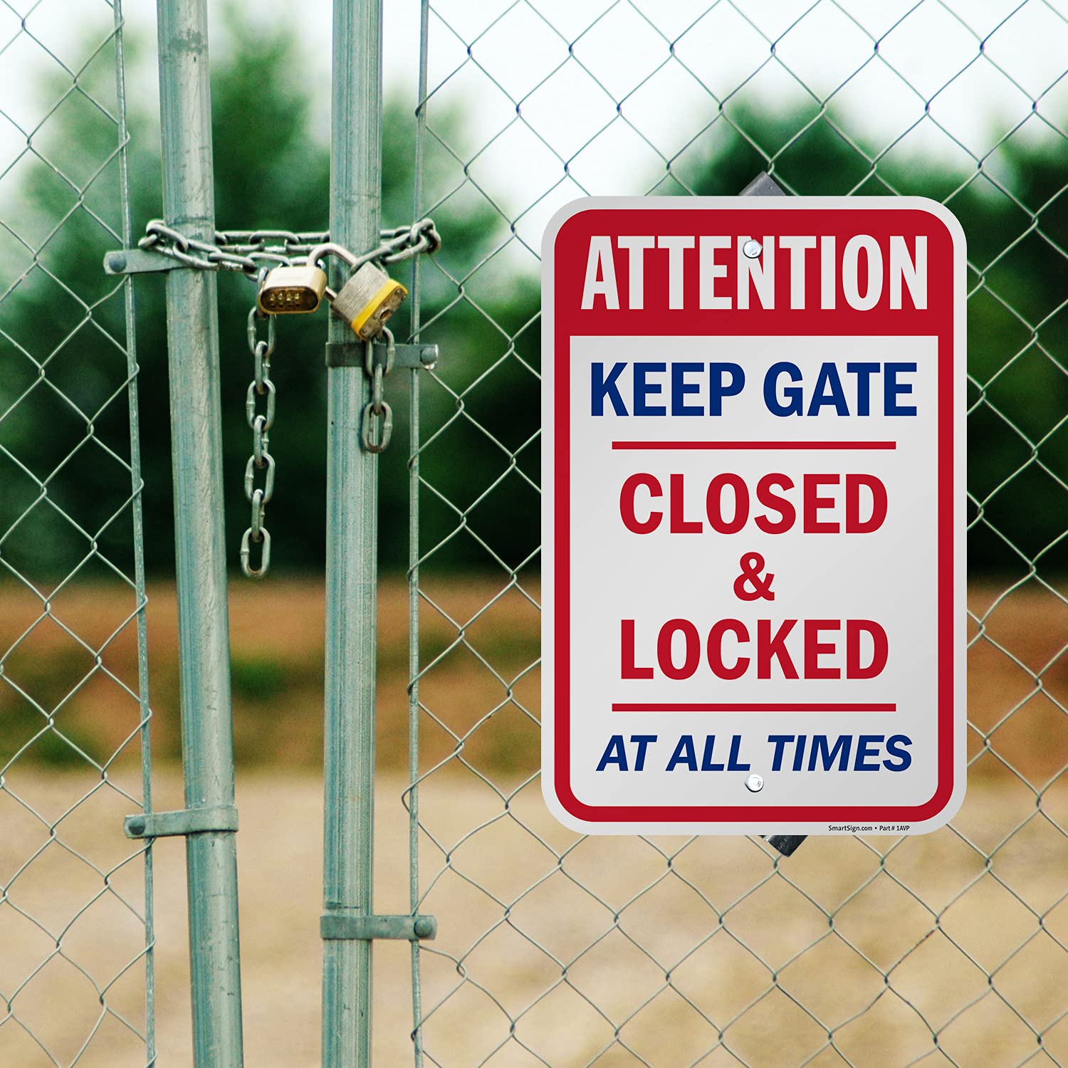 SmartSign 18 x 12 inch “Attention - Keep Gate Closed And Locked At All Times” Metal Sign, 63 mil Laminated Rustproof Aluminum, Red, Blue and White