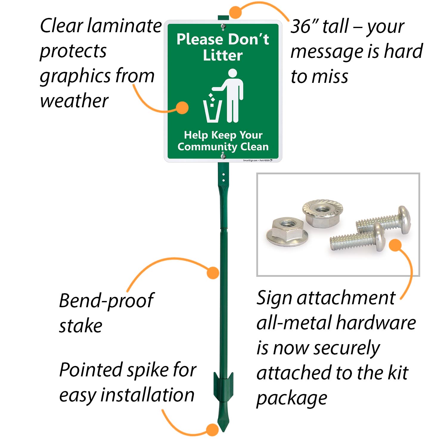 SmartSign "Please Don't Litter - Help Keep Your Community Clean" LawnBoss® Sign | 10" x 12" Aluminum Sign With 3' Stake