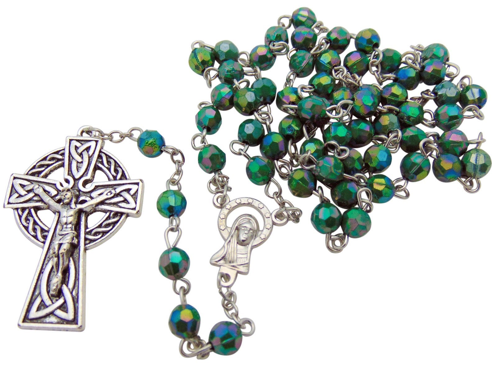 Green Irish Rosary with Celtic Cross. Material: Acrylic 6 Mm Bead Size: 19" L, 1 3/4" Crucifix