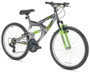 kent international northwoods aluminum full suspension mountain bike | 24-inch bike w/ 21-speed shimano derailleur drivetrain | lightweight mountain bikes w/ aluminum frame for cycling | grey/green