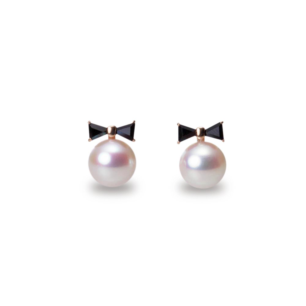 Japanese 7.0mm Akoya Cultured Pearl with Onyx Earrings for Women with 18K Pink Gold | Lovely Design Excellent Gift | Pearl Earrings