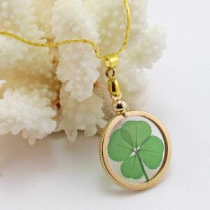 Clovers Online Good Luck Preserved Four Leaf Clover Gold Charm Pendant Necklace