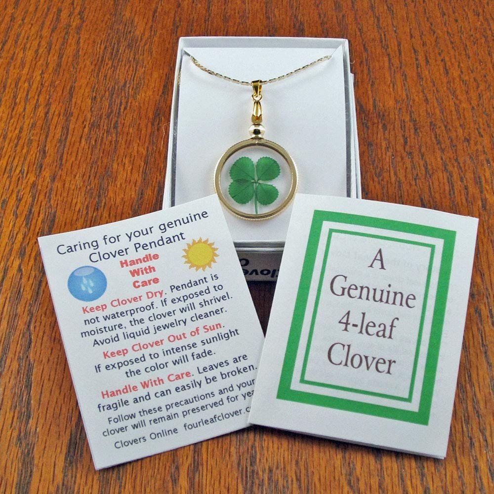 Clovers Online Good Luck Preserved Four Leaf Clover Gold Charm Pendant Necklace