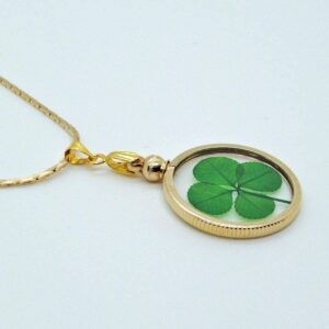 Clovers Online Good Luck Preserved Four Leaf Clover Gold Charm Pendant Necklace