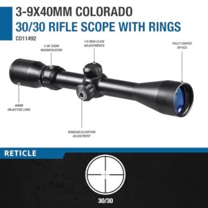 BARSKA CO11492 Colorado Rifle Scope 3-9x40 30/30 Reticle with Rings, Black