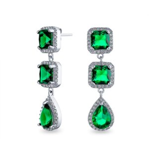 Long Geometric Simulated Emerald Green Teardrop CZ Statement Chandelier Earrings For Women For Prom Silver Plated