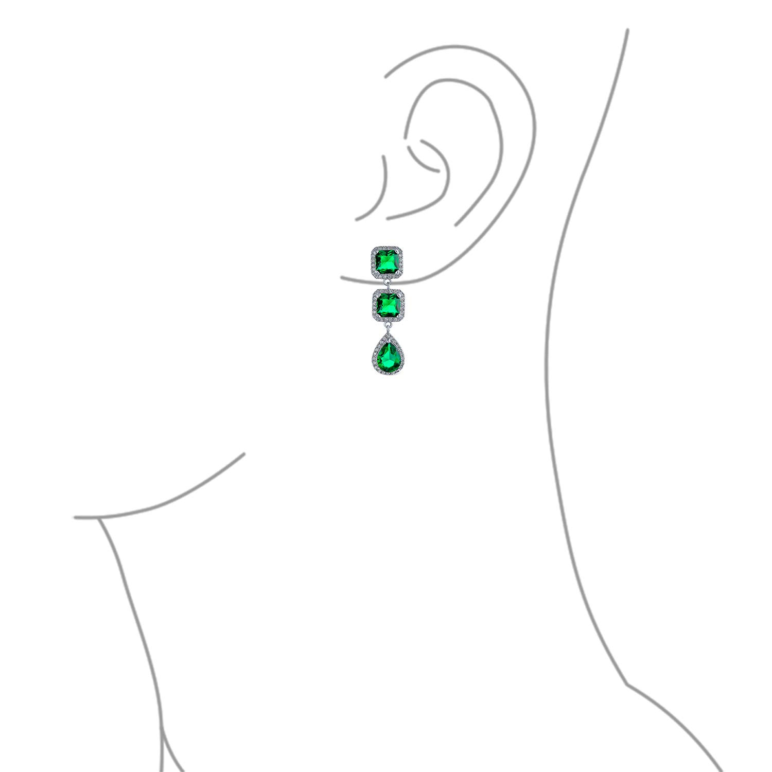 Long Geometric Simulated Emerald Green Teardrop CZ Statement Chandelier Earrings For Women For Prom Silver Plated