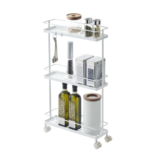 Yamazaki Home Rolling Kitchen Island Three Tier Metal Storage Cart - Portable Organizer Shelves Utility Cart Steel One Size White