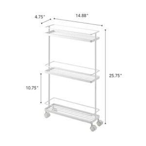 Yamazaki Home Rolling Kitchen Island Three Tier Metal Storage Cart - Portable Organizer Shelves Utility Cart Steel One Size White