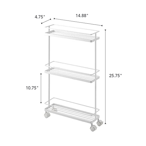 Yamazaki Home Rolling Kitchen Island Three Tier Metal Storage Cart - Portable Organizer Shelves Utility Cart Steel One Size White