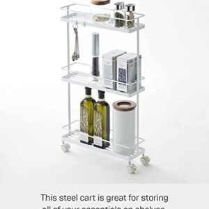 Yamazaki Home Rolling Kitchen Island Three Tier Metal Storage Cart - Portable Organizer Shelves Utility Cart Steel One Size White