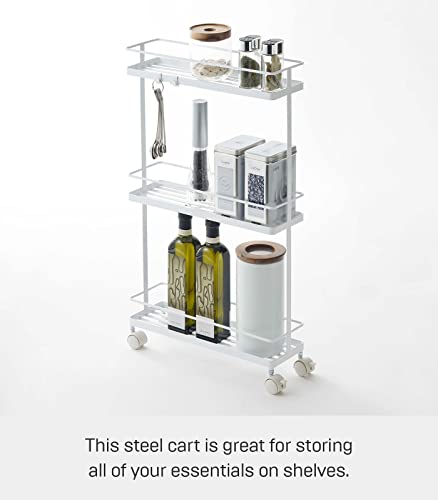 Yamazaki Home Rolling Kitchen Island Three Tier Metal Storage Cart - Portable Organizer Shelves Utility Cart Steel One Size White