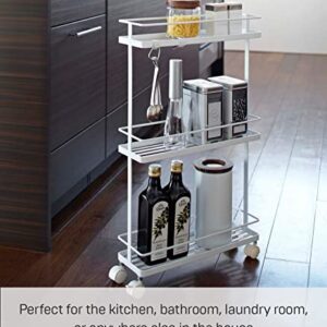 Yamazaki Home Rolling Kitchen Island Three Tier Metal Storage Cart - Portable Organizer Shelves Utility Cart Steel One Size White