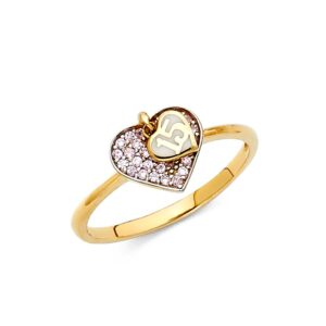 The World Jewelry Center 14k Yellow Gold SOLID Pave-Set 15 Anos Quinceanera Heart Design Fashion Ring - Size 7.5