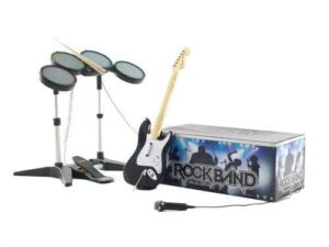 xbox 360 rockband bundle (game, microphone, drumset, guitar)