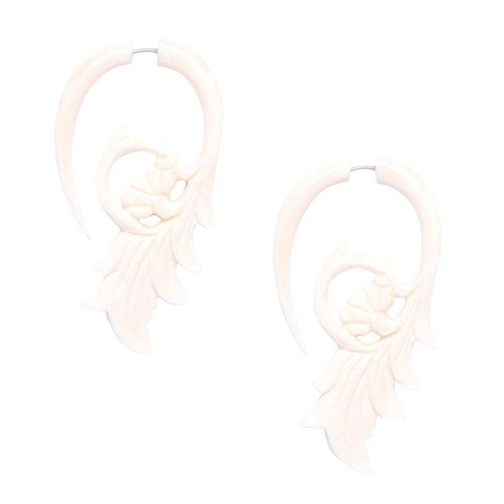 81stgeneration Women's Men's White Bone Fake Taper Stretcher Plug Flower Spiral Tribal Earrings