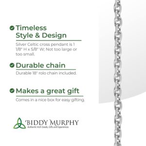 Biddy Murphy Irish Celtic Cross Pendant Necklace for Women, 925 Sterling Silver, Ornate Traditional Irish Jewelry, Small 7/8", 18" Length Crafted in Co. Dublin, Ireland