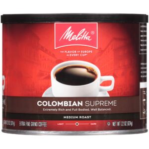 melitta colombian supreme coffee, medium roast, extra fine grind, 22 ounce can