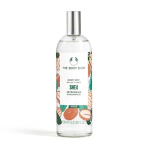 the body shop shea body mist – refreshes and cools with a sweet nutty scent – vegan – 3.3 oz