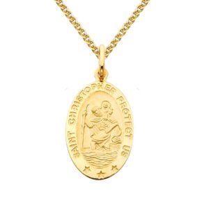 GM Fine Jewelry 14k Yellow Gold Religious Saint Christopher Medal Charm Pendant with 1.5mm Flat Open Wheat Chain Necklace - 16"