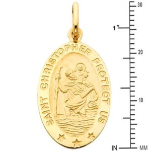 GM Fine Jewelry 14k Yellow Gold Religious Saint Christopher Medal Charm Pendant with 1.5mm Flat Open Wheat Chain Necklace - 16"