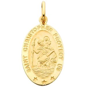 GM Fine Jewelry 14k Yellow Gold Religious Saint Christopher Medal Charm Pendant with 1.5mm Flat Open Wheat Chain Necklace - 16"